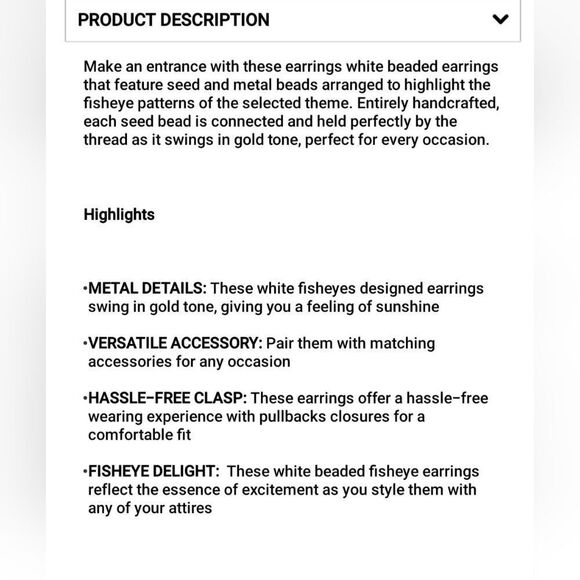 White Seed Beaded Fish Eyed Earrings in Goldtone - Picture 3 of 9